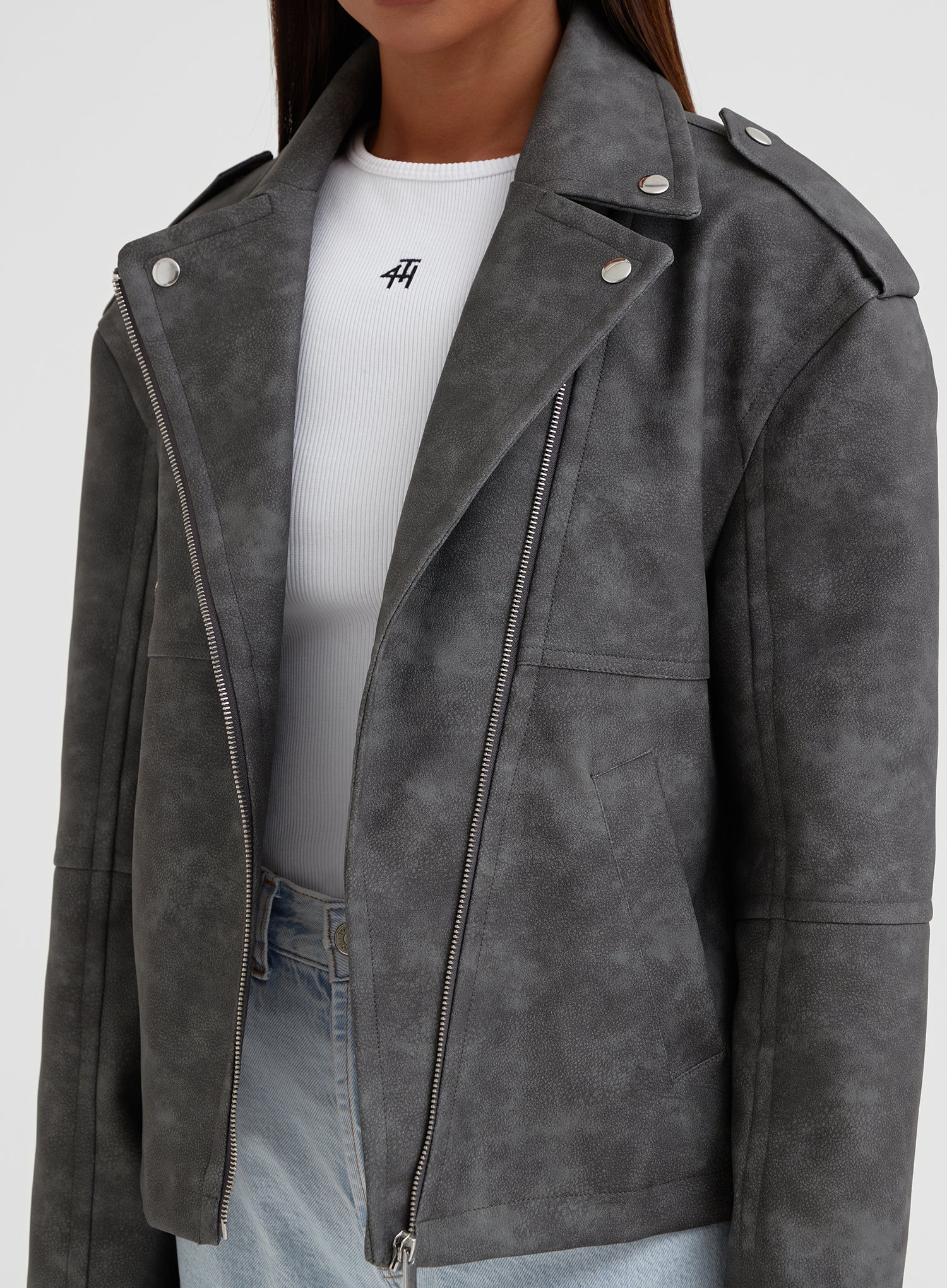 Grey Washed Faux Leather Biker Jacket